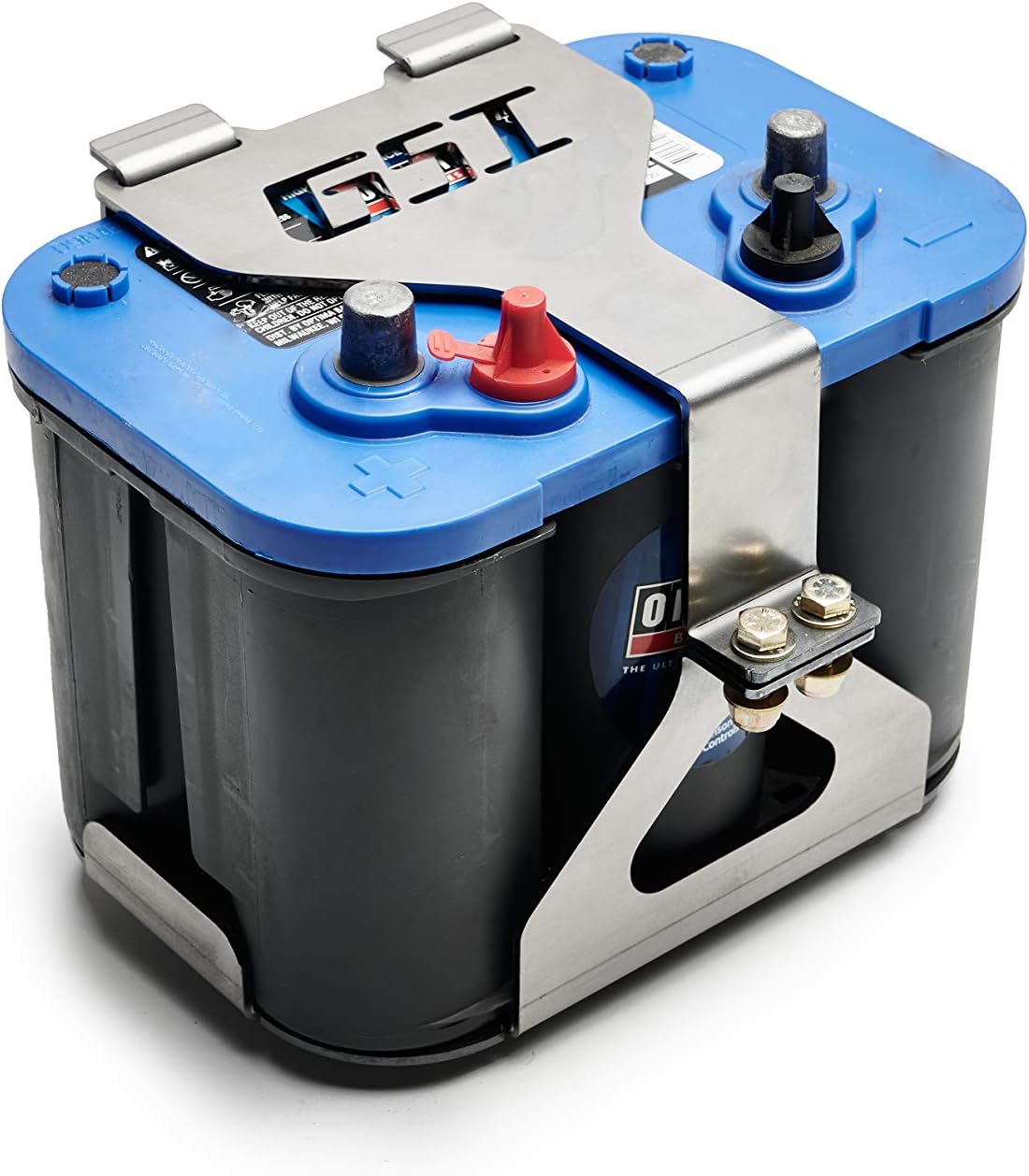 An Optima battery being held securely by a GSI tray/box mount