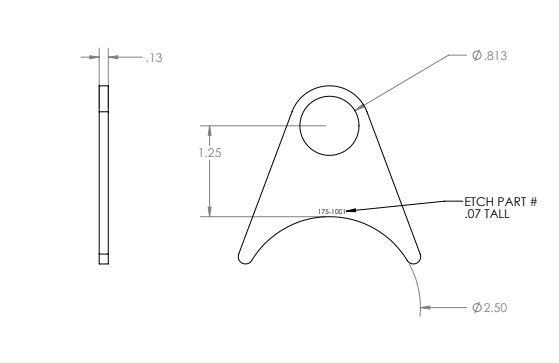 GSI stainless steel exhaust hanger blueprint showing 2.5 inch exhaust size and eyelet to arc length dimensions