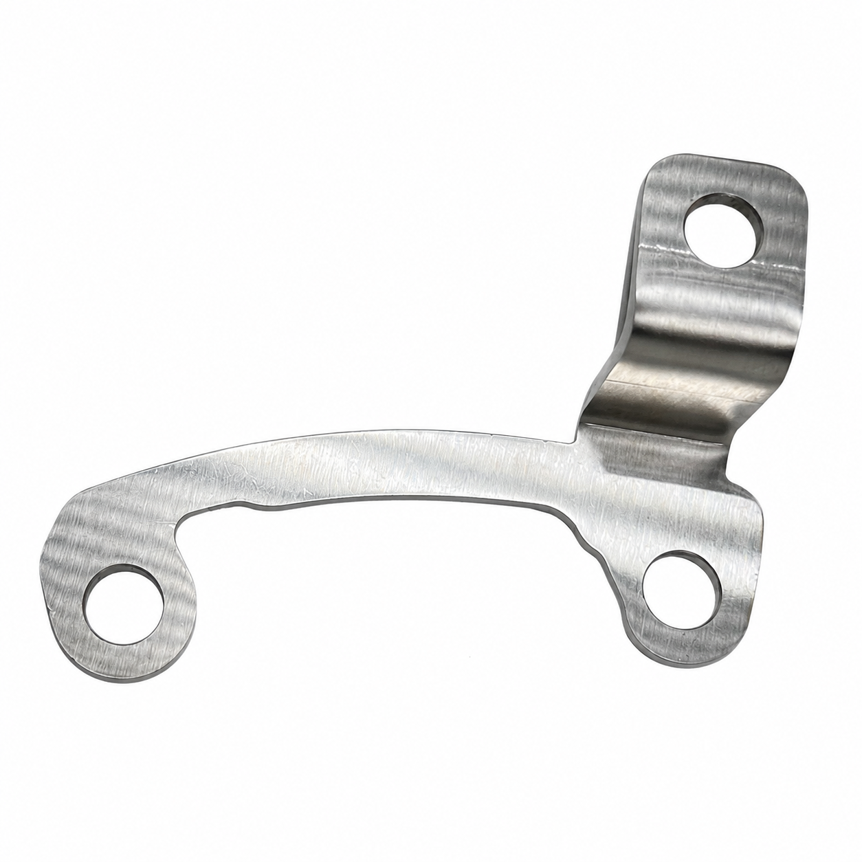 A brushed stainless steel metal bracket with two circular mounting holes, shown on a plain white background for a Ford 9" axle housing.