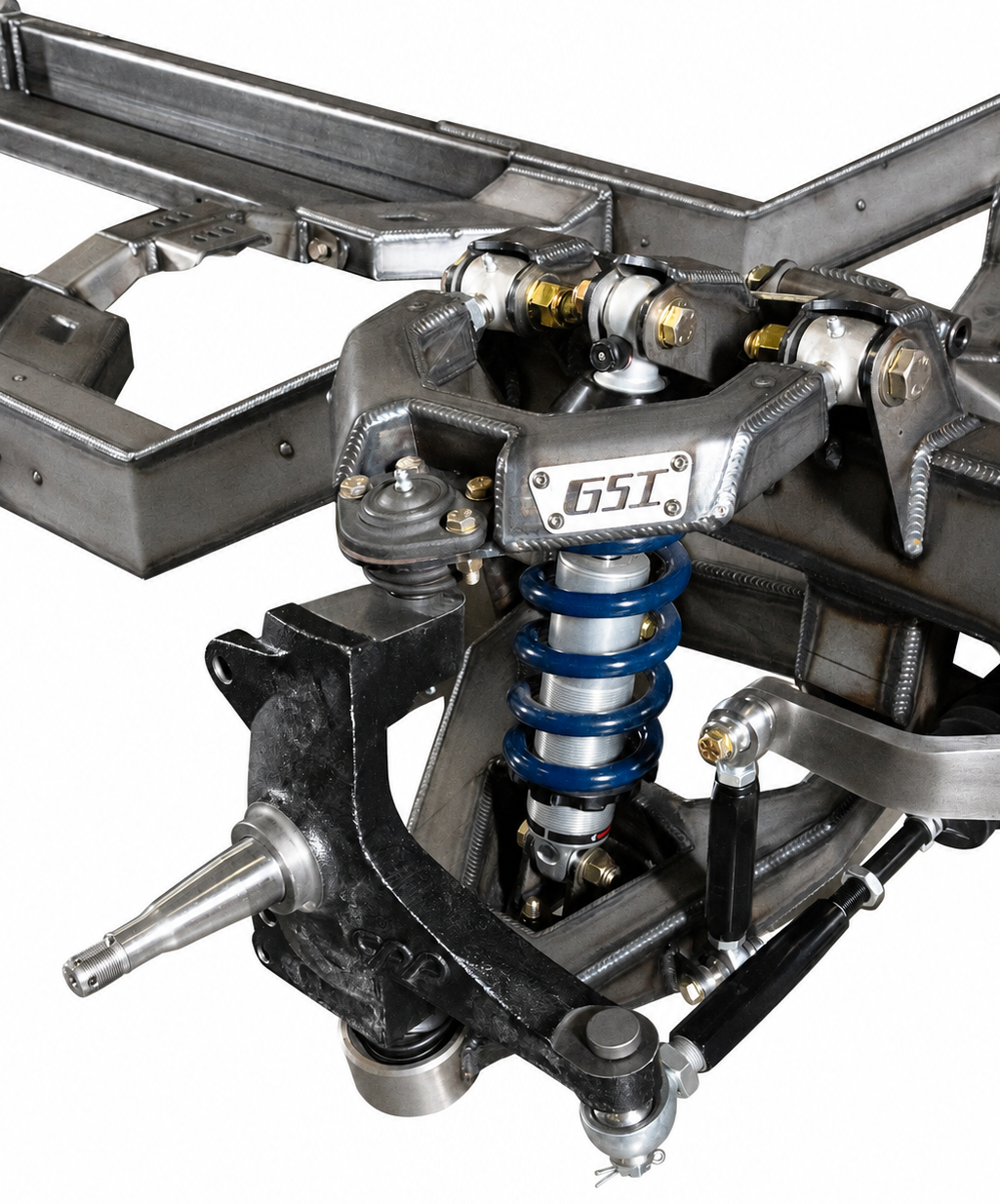 Close-up of a vehicle suspension system featuring a black painted control arm, a silver coilover shock absorber with a blue spring, and a silver frame, isolated on a white background.