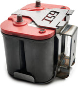 An Optima battery installed in a steel lightweight Optima battery mount tray made by GSI 