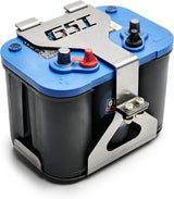 An Optima battery being held securely by a GSI tray/box mount