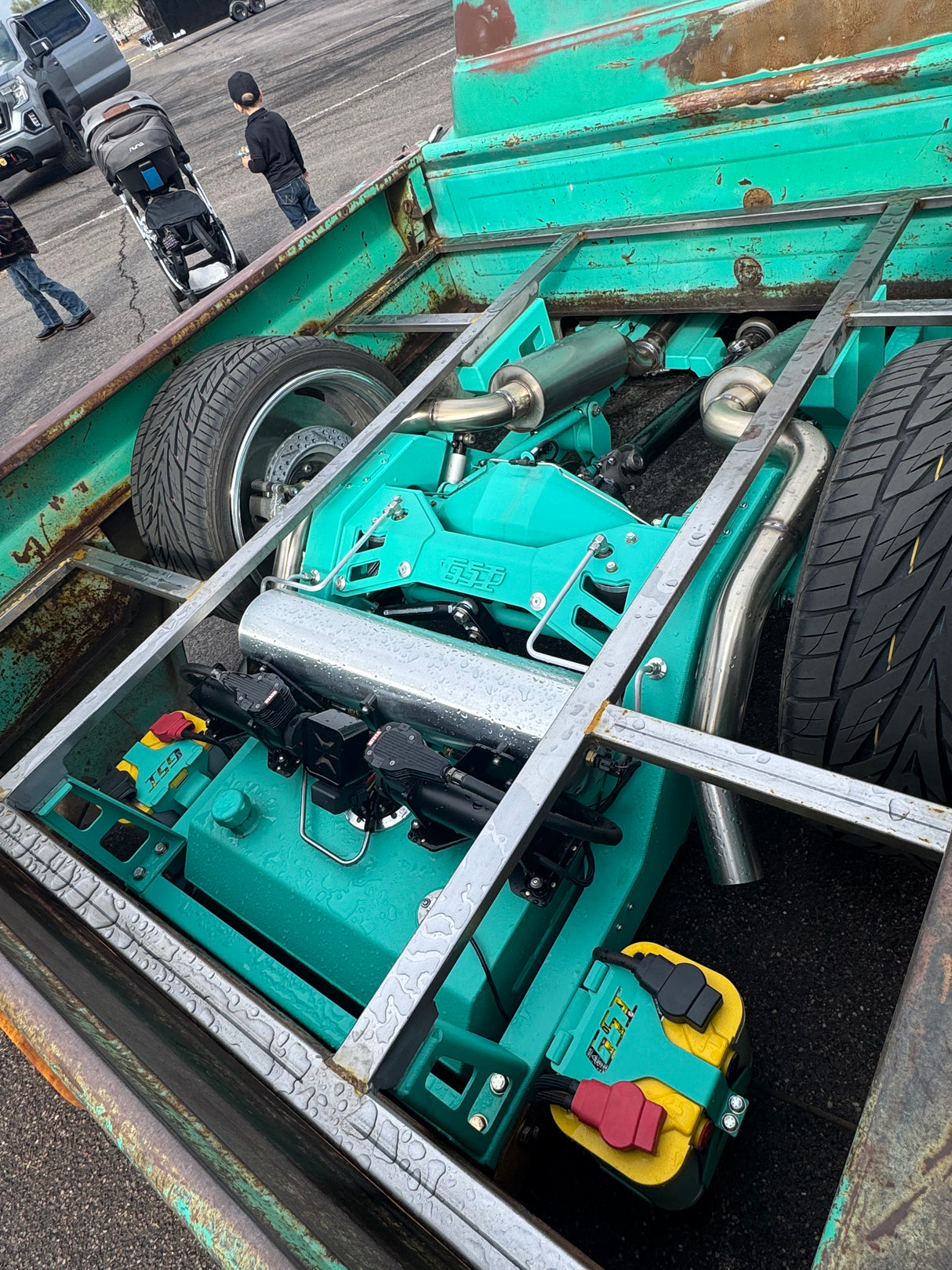 An installed steel, light weight Optima battery mount solution. Comes with hardware