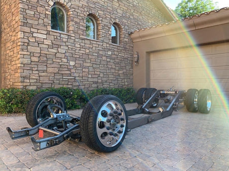GSImfab 1973 - 1991 Chevy C30 Air Ride Dually Chassis Rear Bridge with logo & Goose Neck Trailer Hitch, Full Air Tank System, Laying frame In Arizona