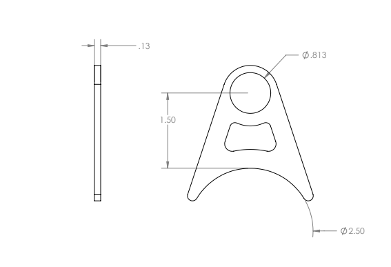 GSI stainless steel exhaust hanger blueprint showing 2.5 inch exhaust size and eyelet to arc length dimensions